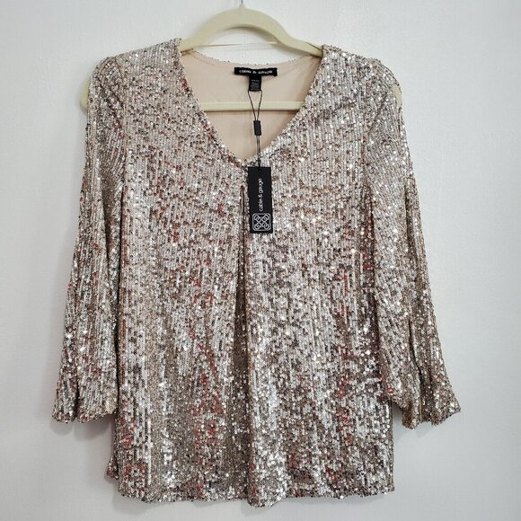 Cable & Gauge Tops - Beautiful sequin Sparkle embellished full sleeve Party Blouse Top Women size S